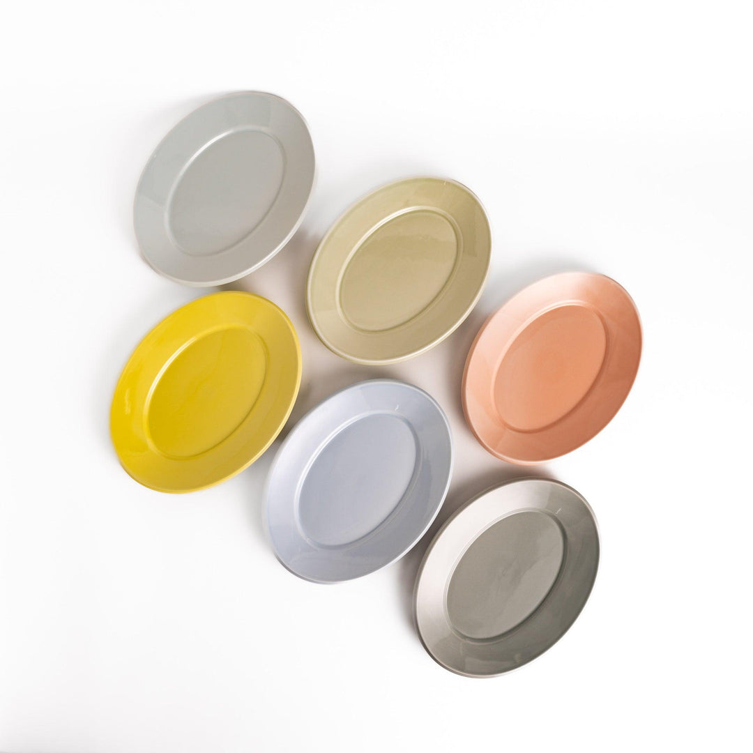 Six pastel-colored oval dinner plates in pink, blue, yellow, green, white, and gray, each with a smooth, glossy finish, perfect for adding a soft, serene touch to your table setting.