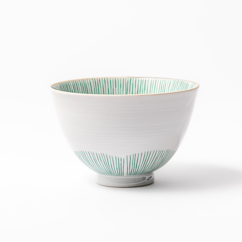 Japanese ceramic rice bowl with plum petal stripe design in green, blending modern elegance with traditional Japanese tableware