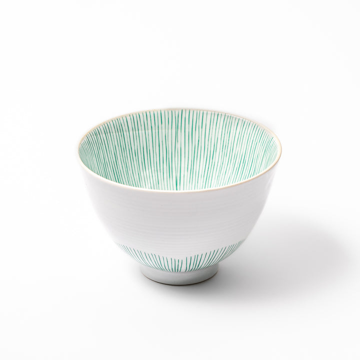Japanese ceramic rice bowl with plum petal stripe design in green, blending modern elegance with traditional Japanese tableware
