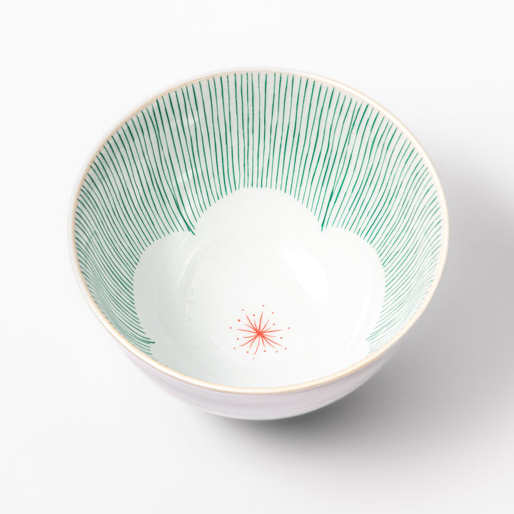 Japanese ceramic rice bowl with plum petal stripe design in green, blending modern elegance with traditional Japanese tableware