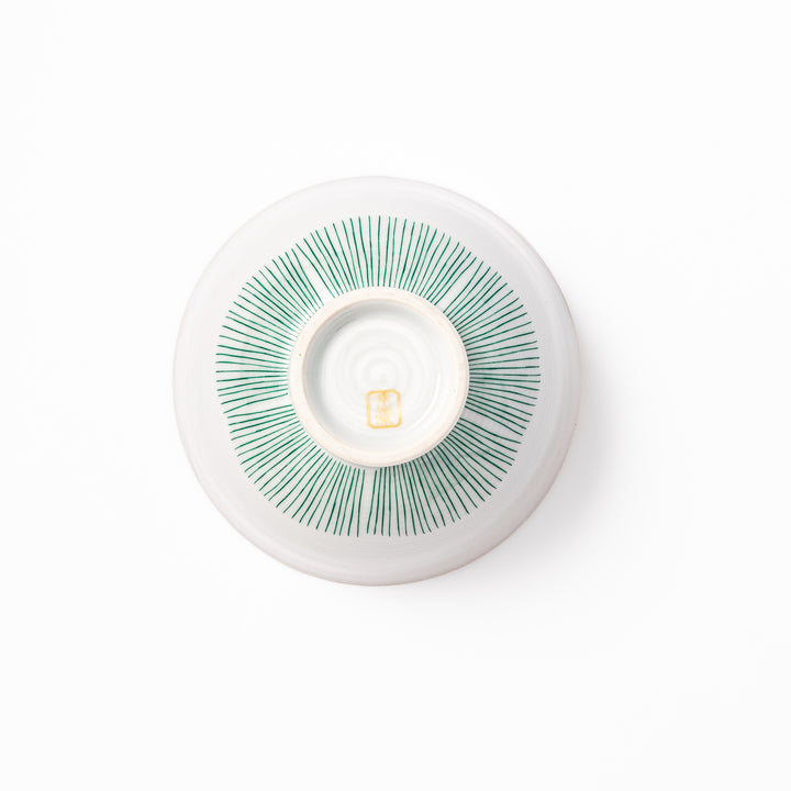 Japanese ceramic rice bowl with plum petal stripe design in green, blending modern elegance with traditional Japanese tableware