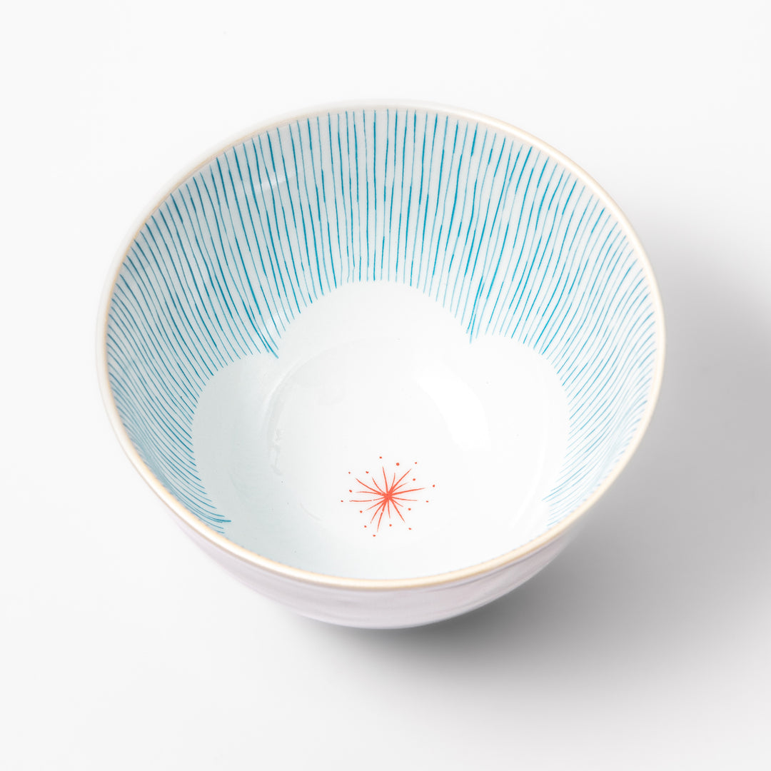 Japanese ceramic rice bowl with plum petal stripe design in blue, blending modern elegance with traditional Japanese tableware