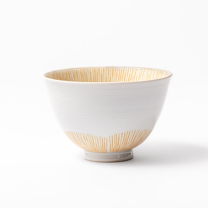 Japanese ceramic rice bowl with plum petal stripe design in orange, ideal for daily meals with a modern yet traditional touch