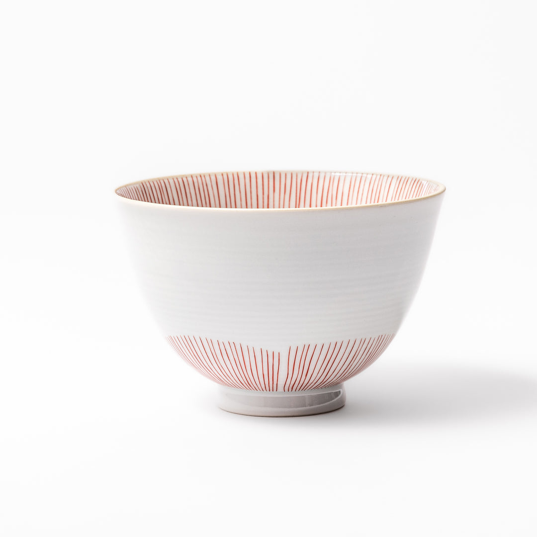 Japanese ceramic rice bowl with plum petal stripe design in red, perfect for daily dining with a blend of tradition and modern style