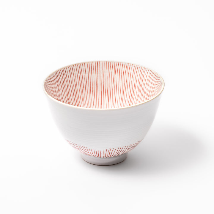 Japanese ceramic rice bowl with plum petal stripe design in red, perfect for daily dining with a blend of tradition and modern style