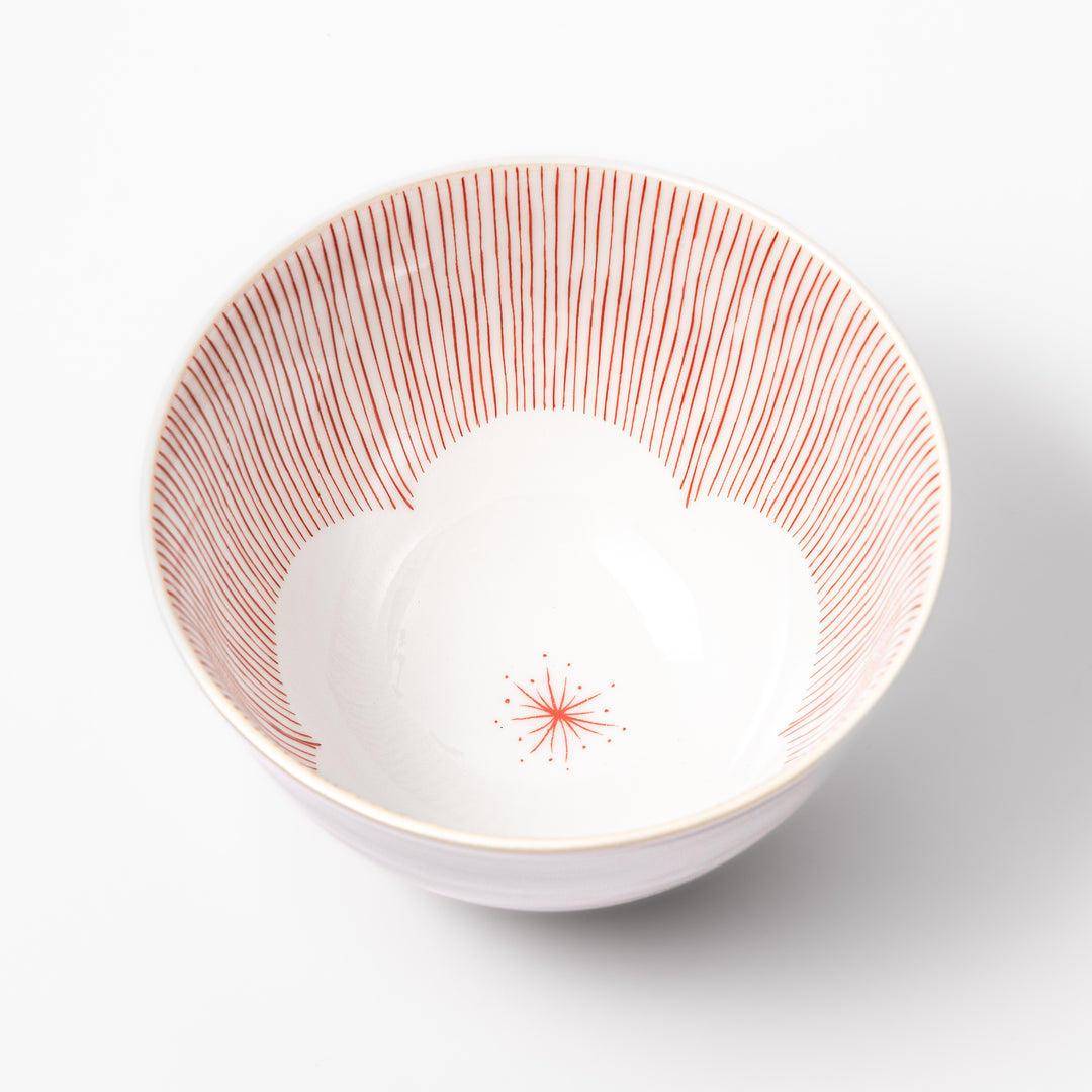 Japanese ceramic rice bowl with plum petal stripe design in red, perfect for daily dining with a blend of tradition and modern style