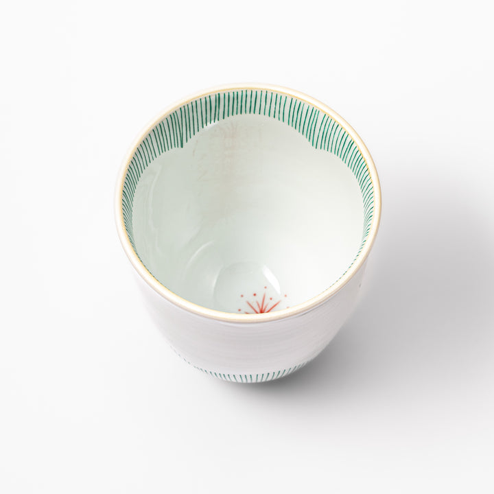 Japanese ceramic tea cup with plum petal stripe design in green, blending modern simplicity with traditional Japanese elegance