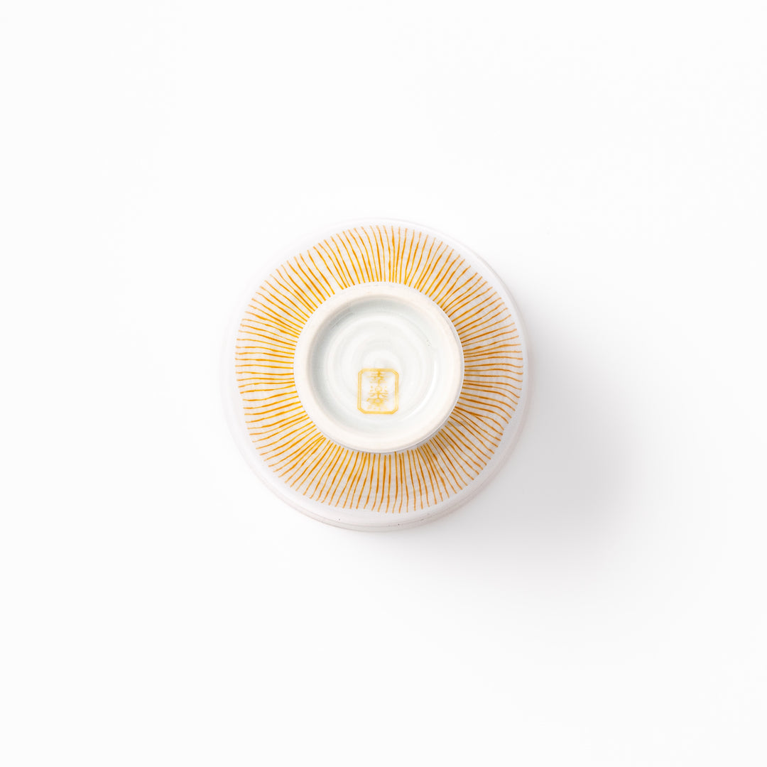 Japanese ceramic tea cup with plum petal stripe design in orange, combining modern minimalism and traditional Japanese style