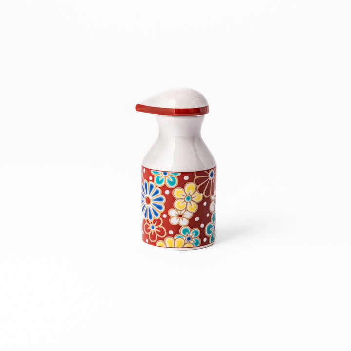 Japanese ceramic soy sauce dispenser with a red lid and colorful plum and chrysanthemum blossom pattern, handcrafted in Arita Japan.