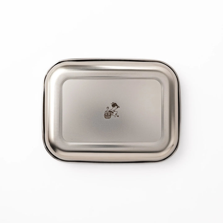 Premium stainless steel prep tray featuring a central engraved illustration of a woman with a basket, combining function with Japanese design.