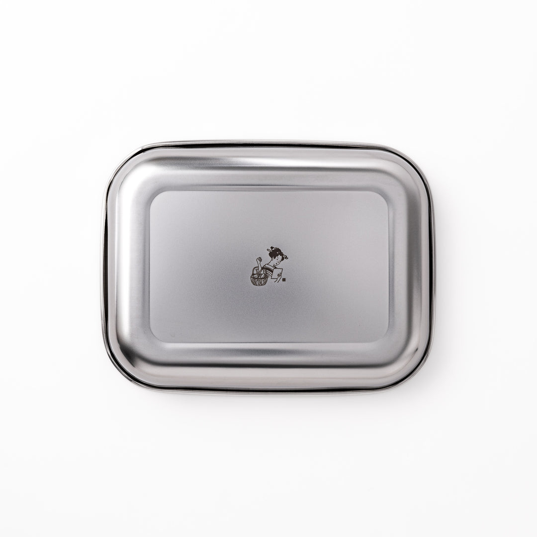 Premium stainless steel prep tray featuring a central engraved illustration of a woman with a basket, combining function with Japanese design.