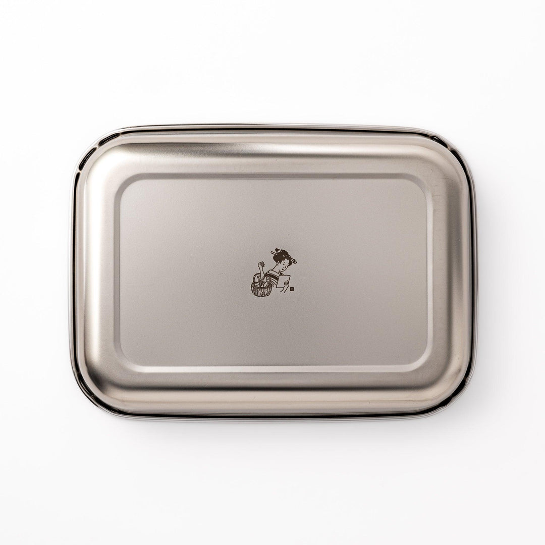 Premium stainless steel prep tray featuring a central engraved illustration of a woman with a basket, combining function with Japanese design.