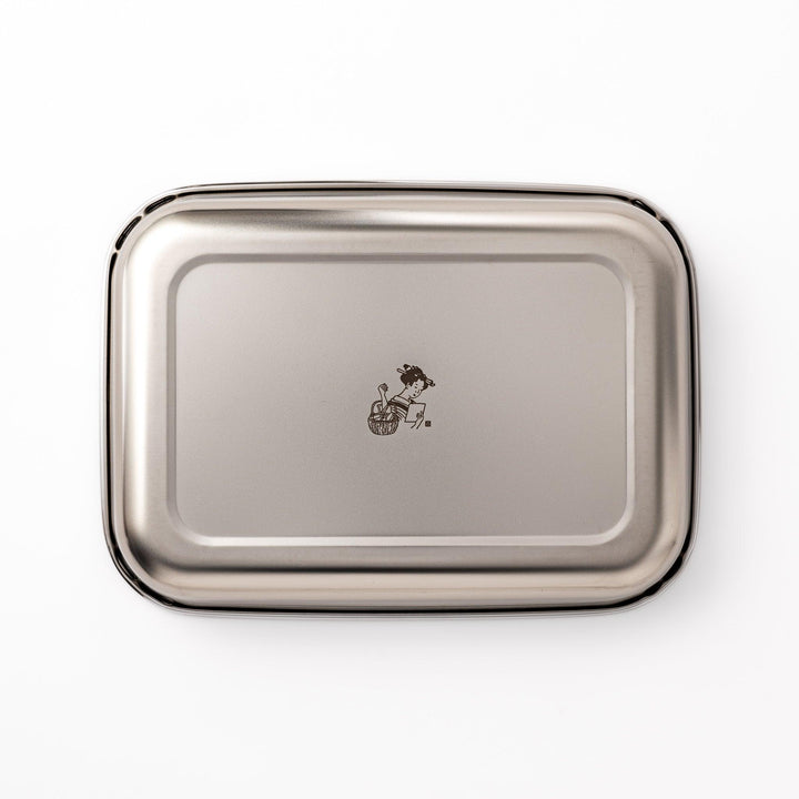 Premium stainless steel prep tray featuring a central engraved illustration of a woman with a basket, combining function with Japanese design.