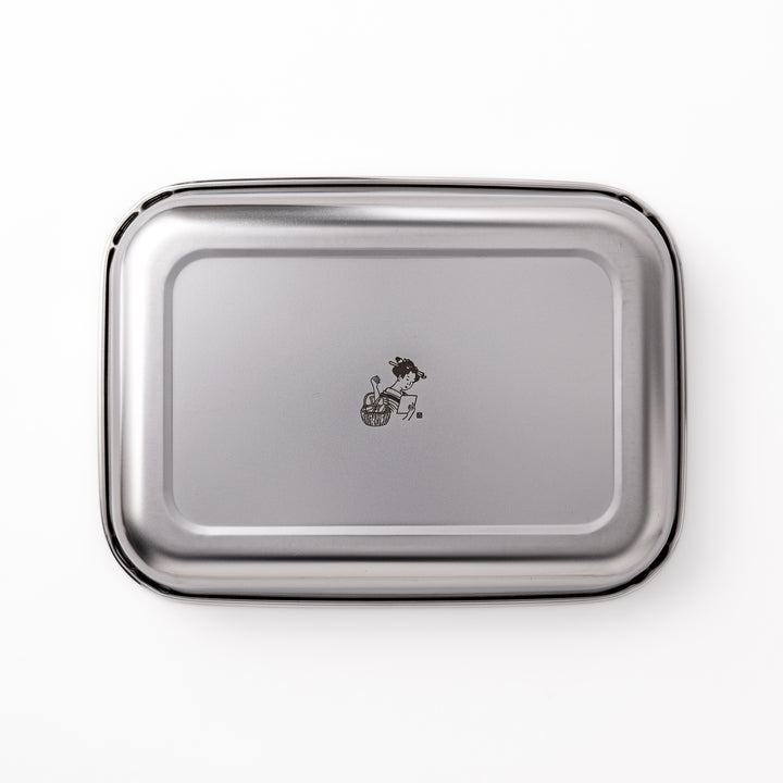 Premium stainless steel prep tray featuring a central engraved illustration of a woman with a basket, combining function with Japanese design.