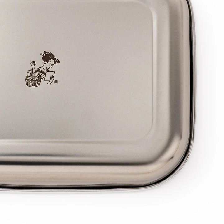 Premium stainless steel prep tray featuring a central engraved illustration of a woman with a basket, combining function with Japanese design.