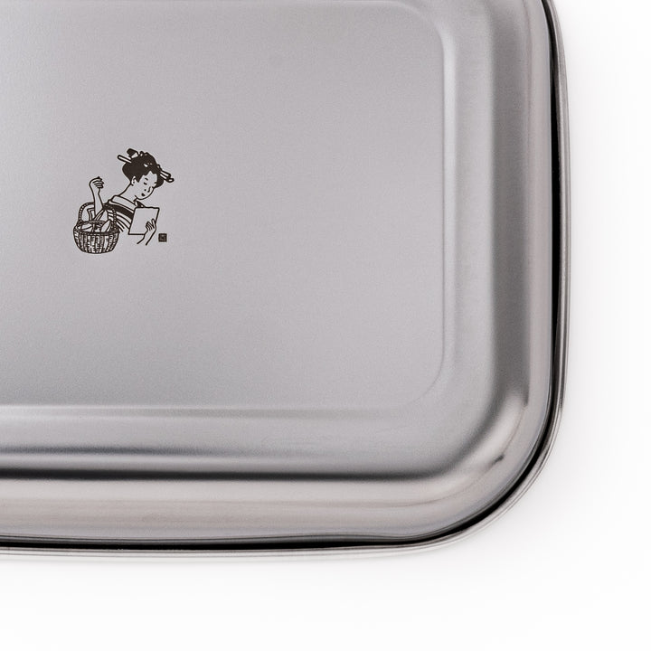 Premium stainless steel prep tray featuring a central engraved illustration of a woman with a basket, combining function with Japanese design.