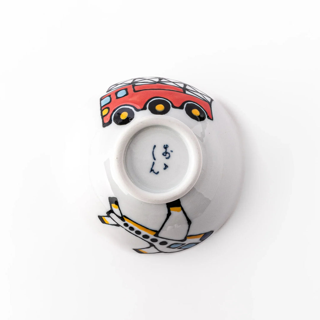 White ceramic kids rice bowl featuring red fire truck graphic, round footed base, shown on white background