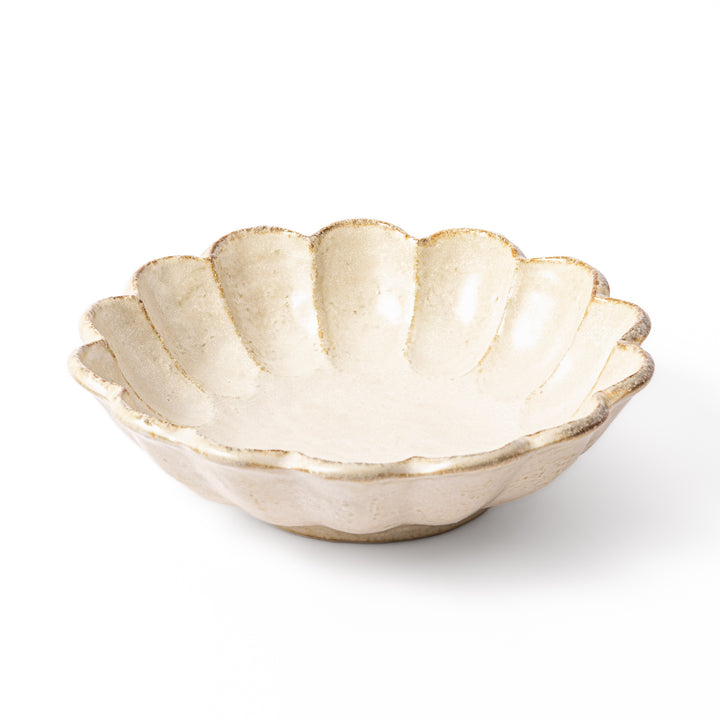Japanese Rinka ceramic petal pasta bowl in off white, featuring a flower shaped rim and shallow depth for noodles