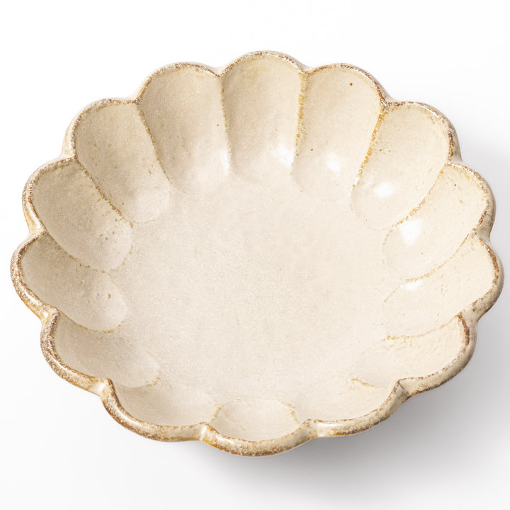 Japanese Rinka ceramic petal pasta bowl in off white, featuring a flower shaped rim and shallow depth for noodles