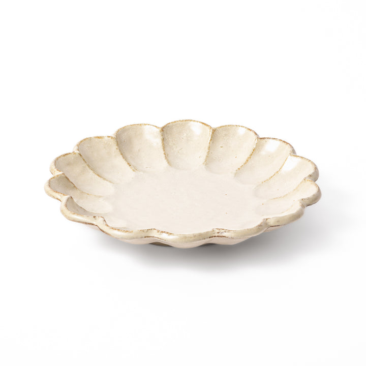 Medium Japanese Rinka ceramic petal salad plate in off white, seen from above, featuring a flower shaped rim