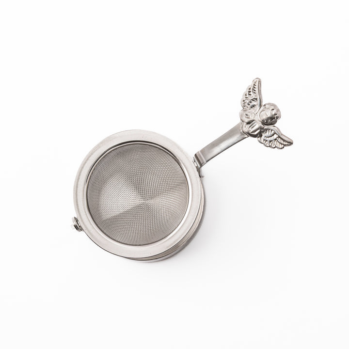 Elegant Japanese rotating angel tea strainer with stainless steel mesh basket and drip catcher base
