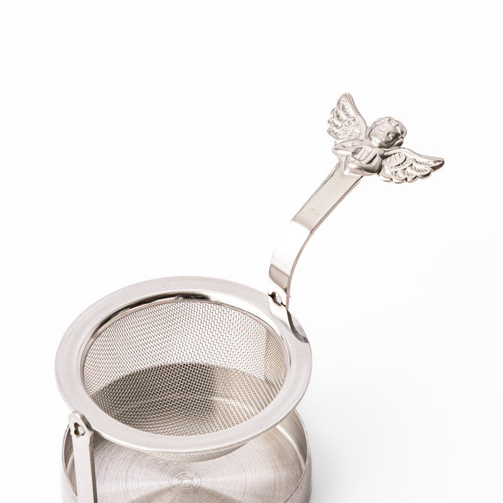 Elegant Japanese rotating angel tea strainer with stainless steel mesh basket and drip catcher base