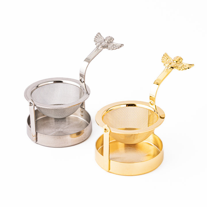 Elegant Japanese rotating angel tea strainers in gold and silver metallic finishes loose leaf tea infusers with bases