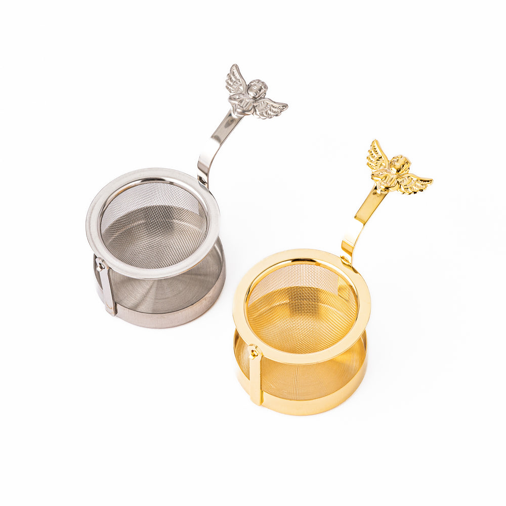 Elegant Japanese rotating angel tea strainers in gold and silver metallic finishes loose leaf tea infusers with bases