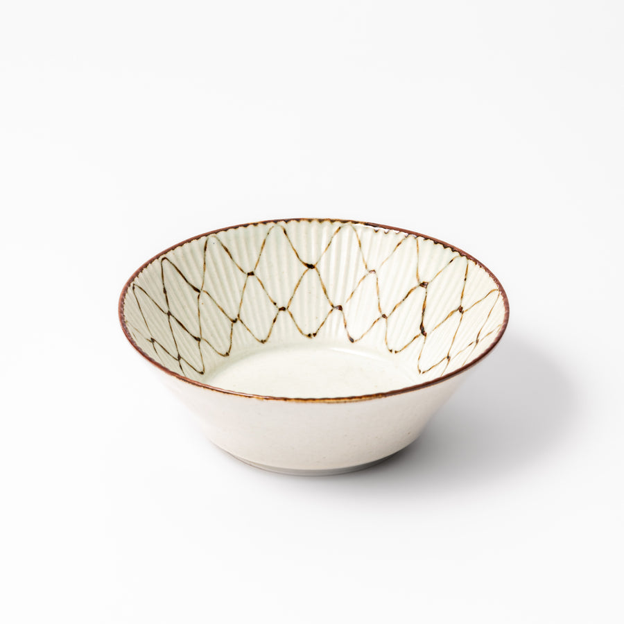 Japanese ceramic cereal bowl with rustic diamond weave pattern and earthy brown rim, perfect for breakfast or everyday dining