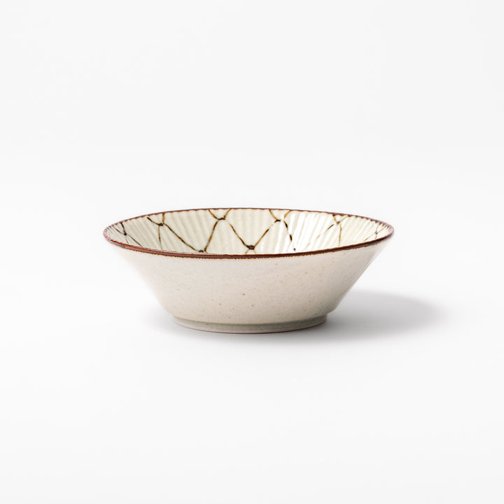 Japanese ceramic dessert bowl with rustic diamond weave pattern and earthy brown rim, ideal for serving sweets or side dishes