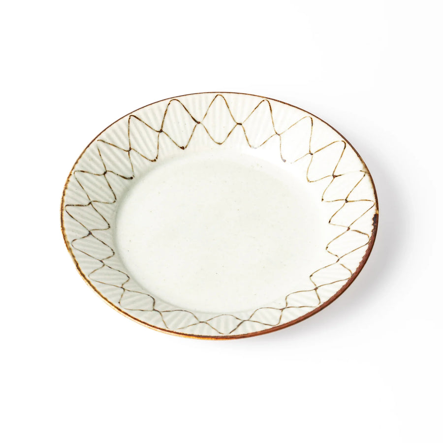 Rustic diamond weave ceramic dessert plate in off white glaze