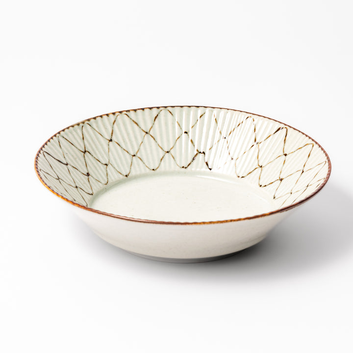 Japanese ceramic pasta bowl with rustic diamond weave pattern, earthy brown rim, and textured design for modern dining