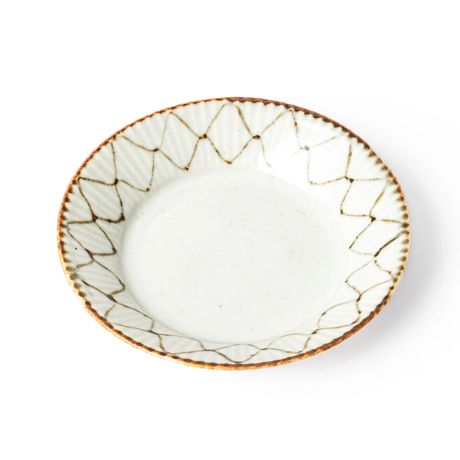 Rustic diamond weave ceramic sauce dish in off white glaze
