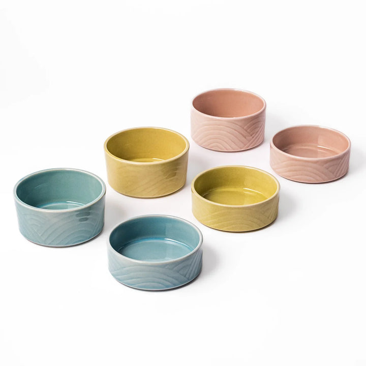 Set of six pastel porcelain bowls in blue, yellow, and pink with embossed Japanese wave patterns, beautifully arranged on white background.