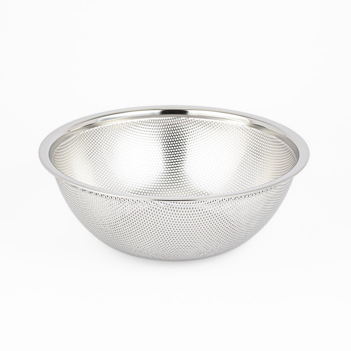 Japanese stainless steel mixing bowl and mesh strainer set, featuring an extra large colander for kitchen prep