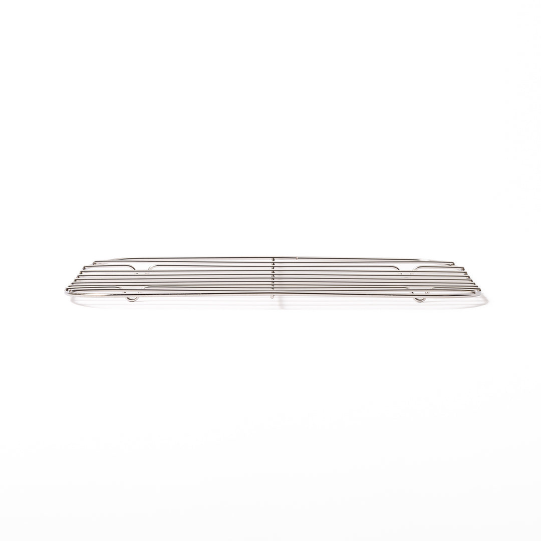 Side profile view of a large Japanese stainless steel prep tray wire rack, highlighting its slim and low profile design