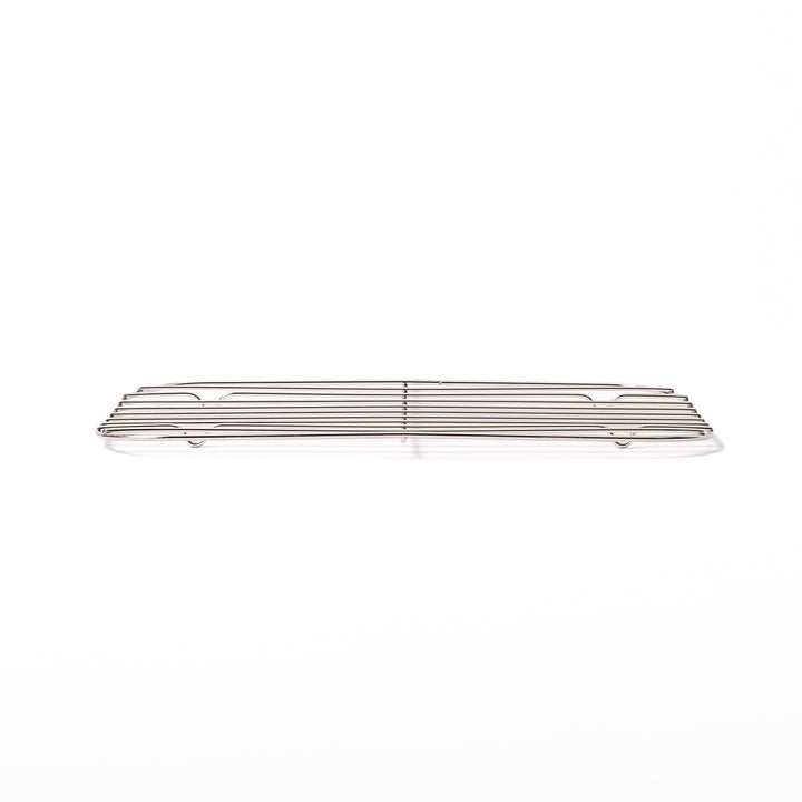 Side profile view of a large Japanese stainless steel prep tray wire rack, highlighting its slim and low profile design