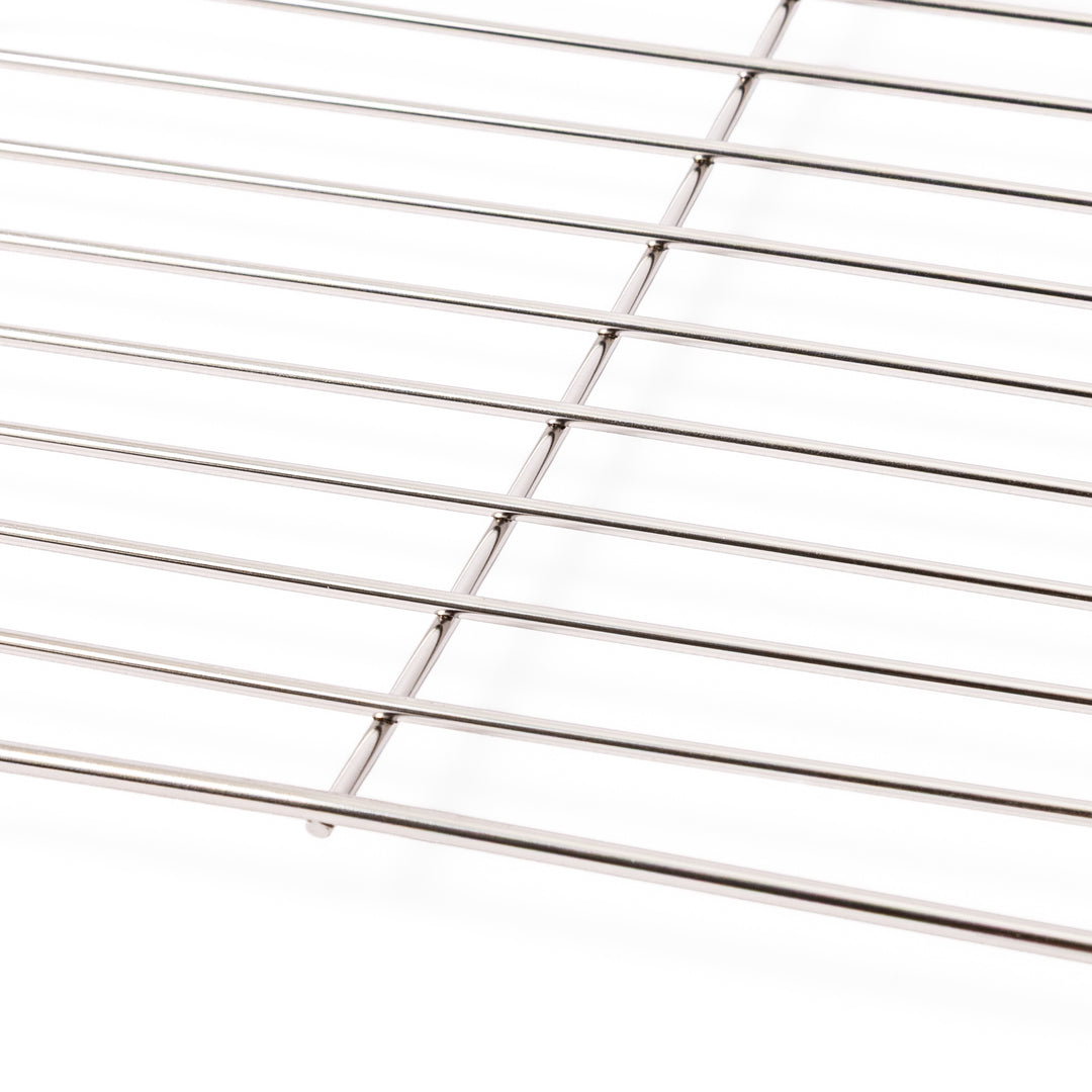Close up view of the durable wire mesh construction on a large Japanese stainless steel prep tray wire rack