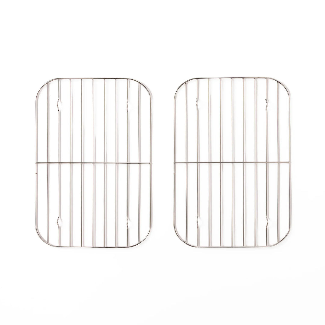 Two large Japanese stainless steel prep tray wire racks with center support bar, rounded corners, and raised feet