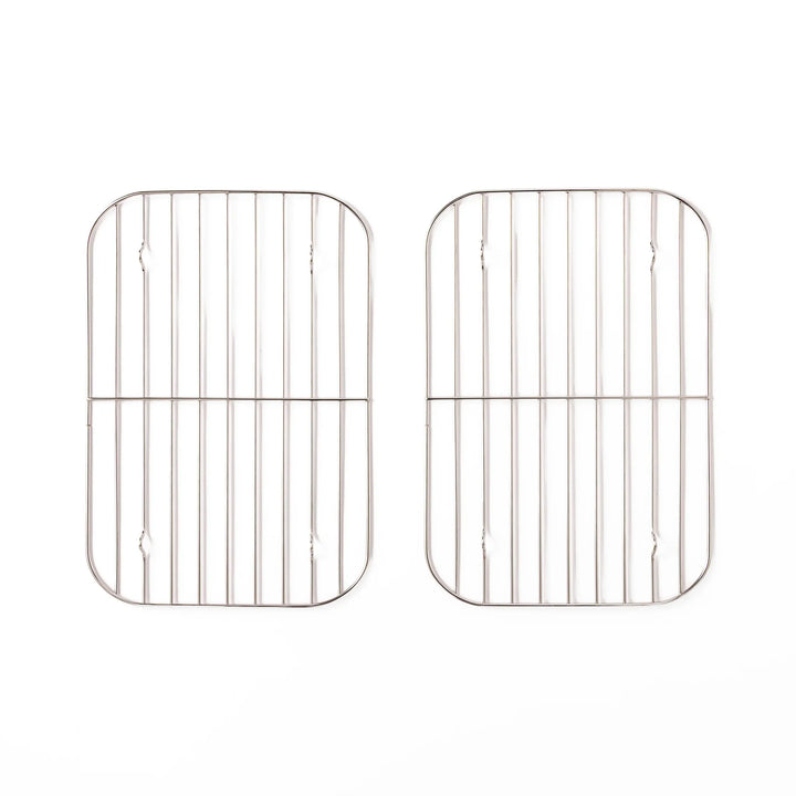 Two large Japanese stainless steel prep tray wire racks with center support bar, rounded corners, and raised feet