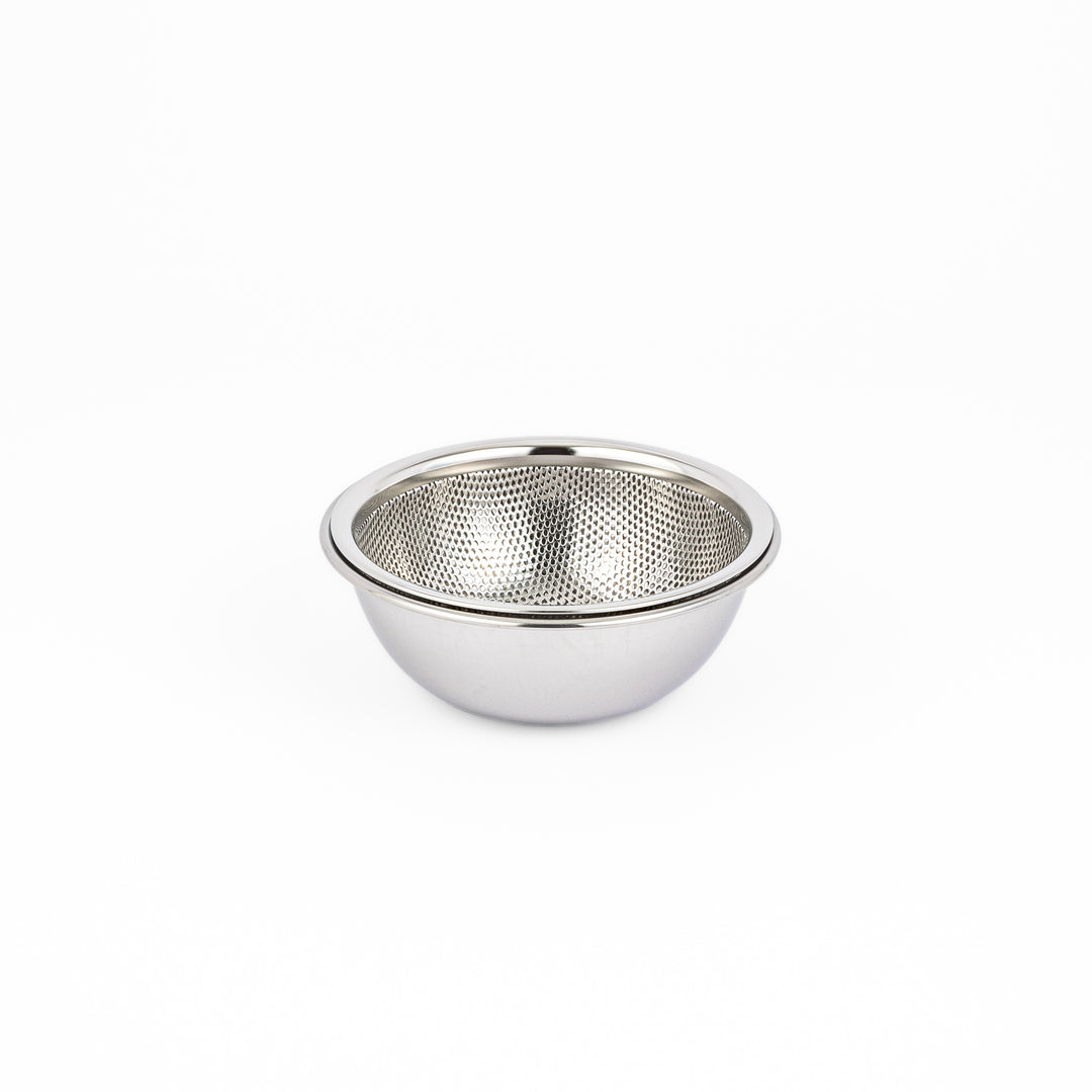 Japanese stainless steel mixing bowl and mesh strainer set, featuring an extra small colander for kitchen prep
