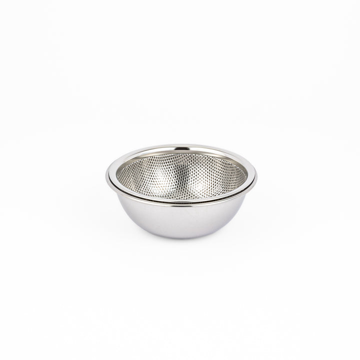 Japanese stainless steel mixing bowl and mesh strainer set, featuring an extra small colander for kitchen prep
