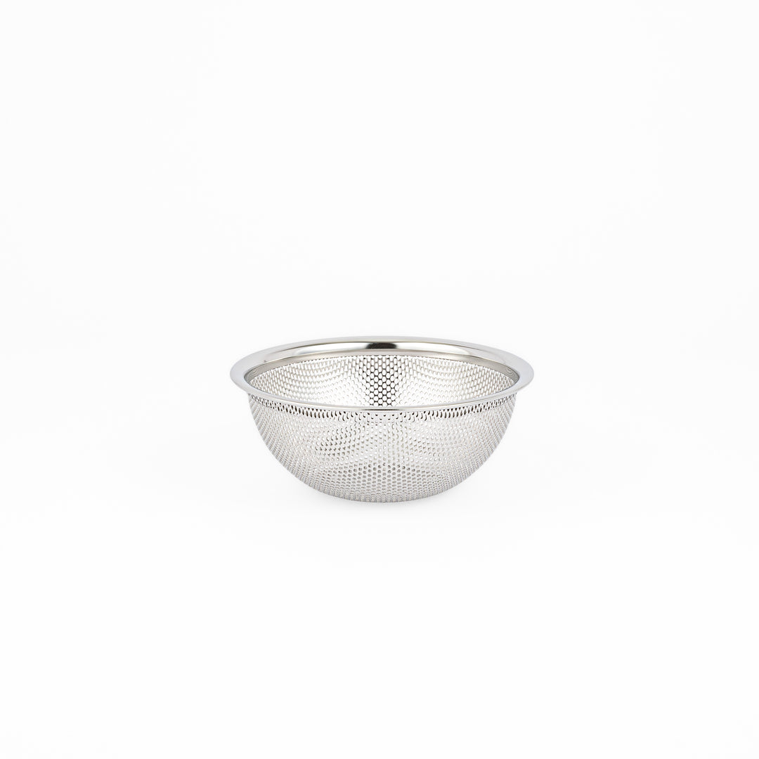 Japanese stainless steel mixing bowl and mesh strainer set, featuring an extra small colander for kitchen prep