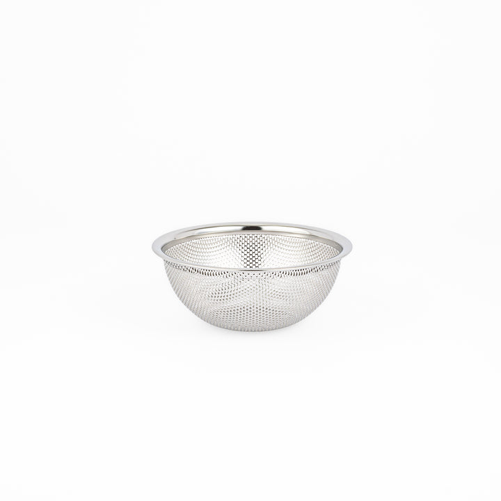 Japanese stainless steel mixing bowl and mesh strainer set, featuring an extra small colander for kitchen prep