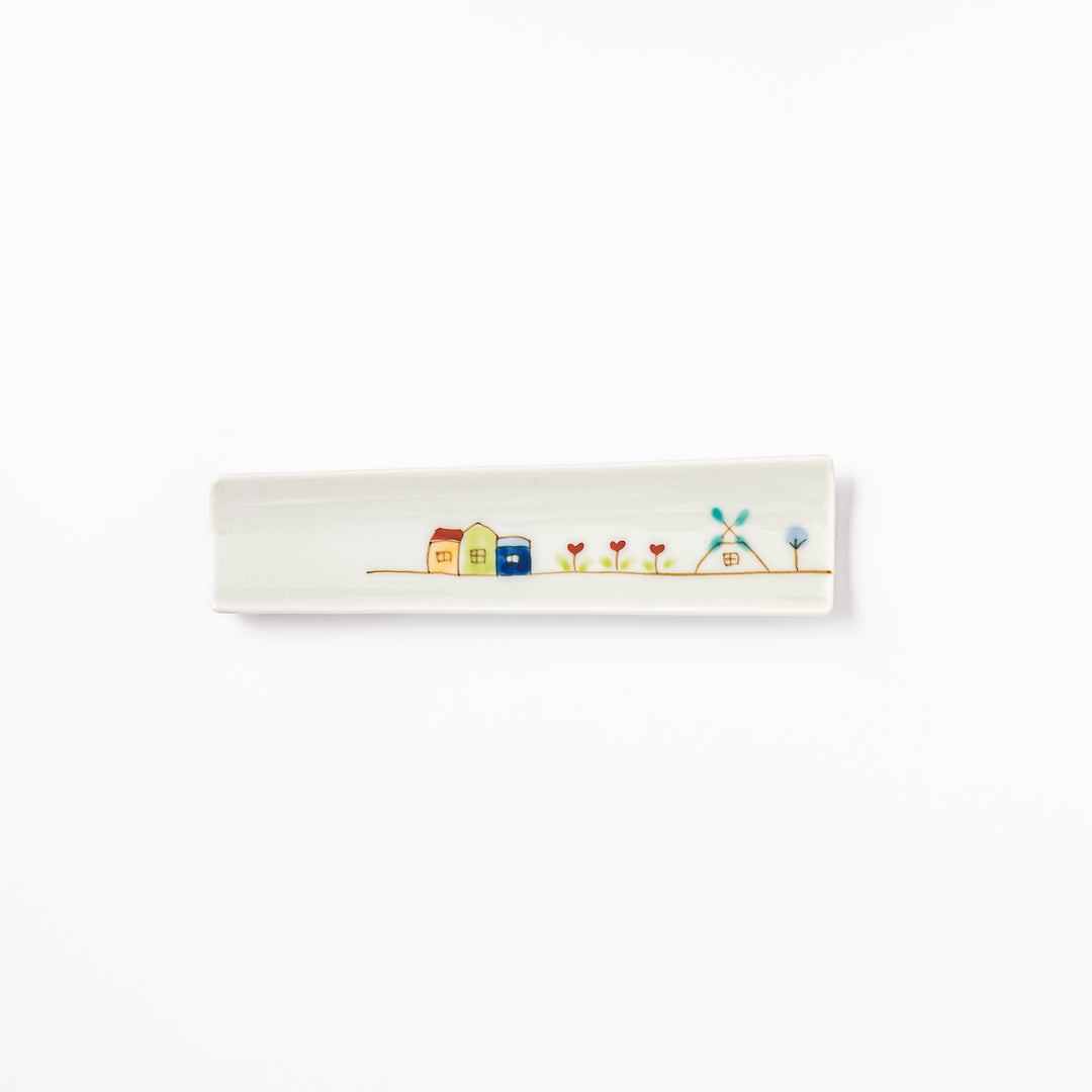 Japanese porcelain chopstick rest with Netherlands design featuring colorful houses, red tulips, and a blue windmill