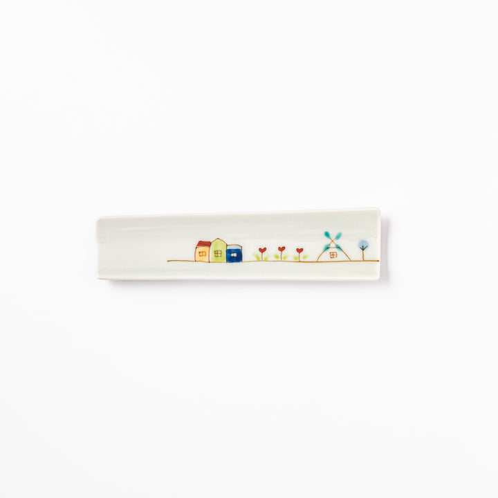 Japanese porcelain chopstick rest with Netherlands design featuring colorful houses, red tulips, and a blue windmill