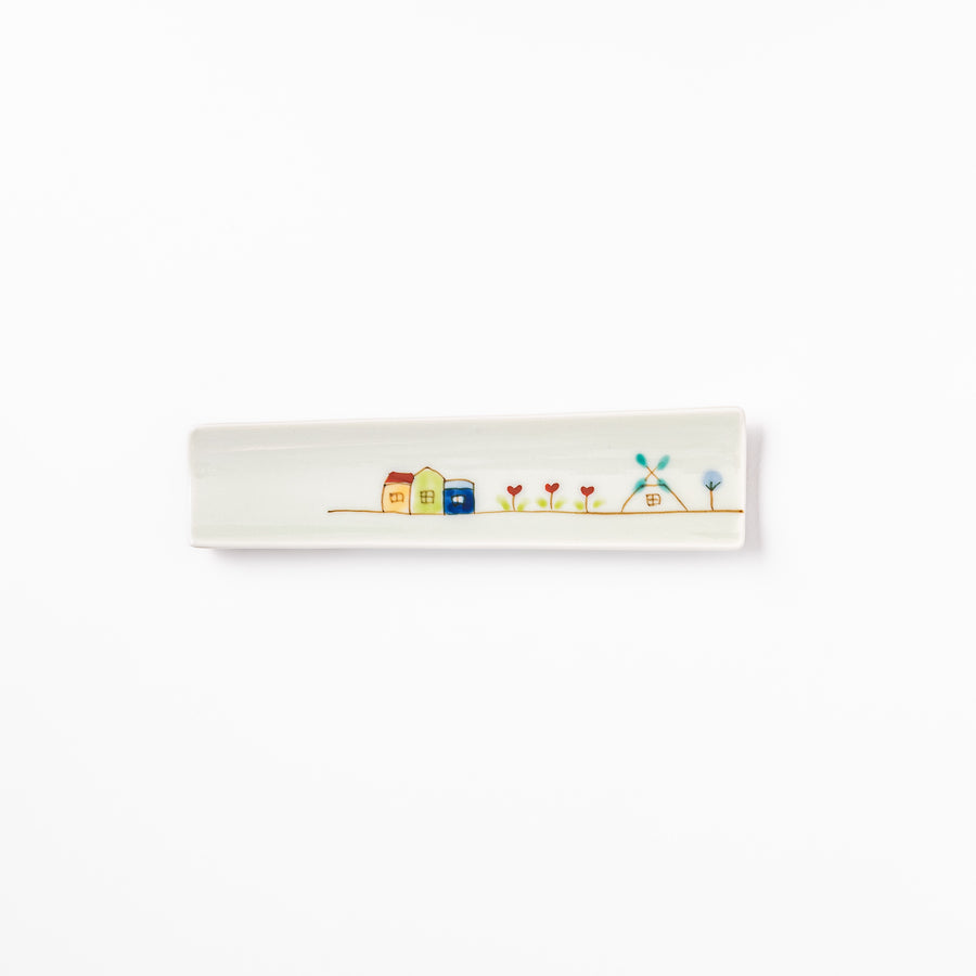 Japanese porcelain chopstick rest with Netherlands design featuring colorful houses, red tulips, and a blue windmill