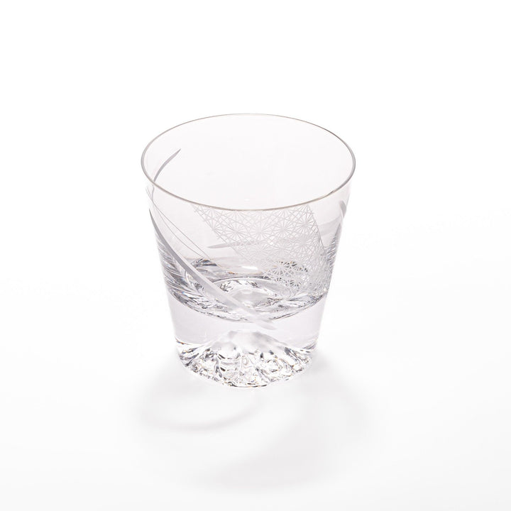 Clear rocks glass with etched starburst lattice pattern, swirling stripe detail, and textured 3D Mount Fuji base.
