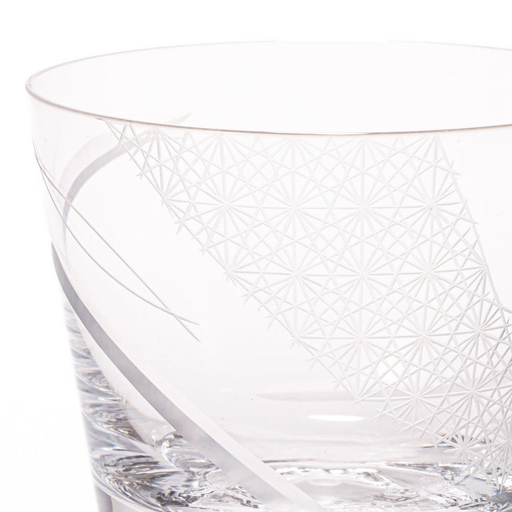 Clear rocks glass with etched starburst lattice pattern, swirling stripe detail, and textured 3D Mount Fuji base.