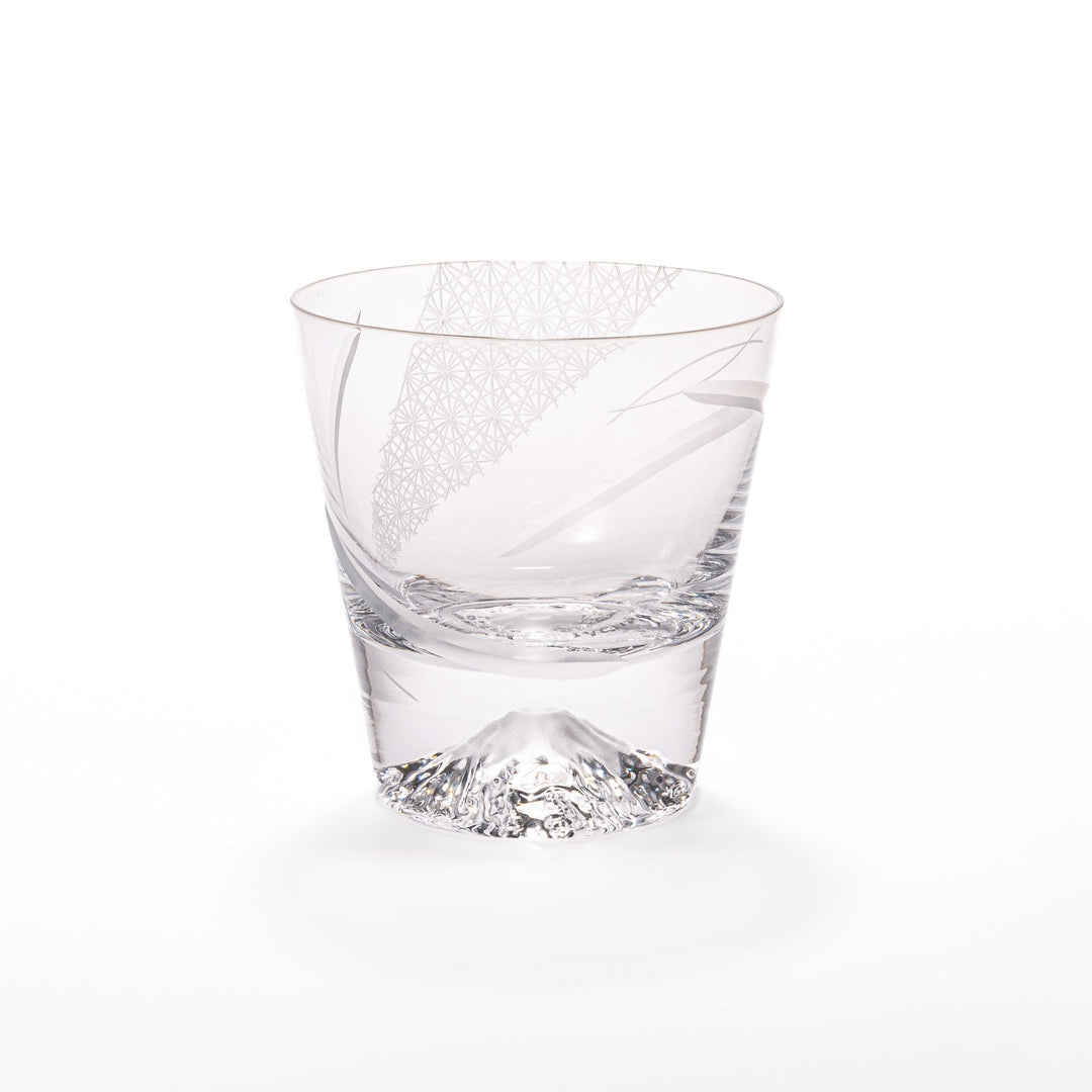 Clear rocks glass with etched starburst lattice pattern, swirling stripe detail, and textured 3D Mount Fuji base.
